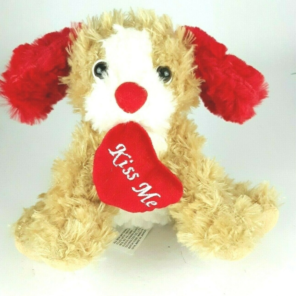 8″ Plush Puppy Dog Brown Red Heart Ears